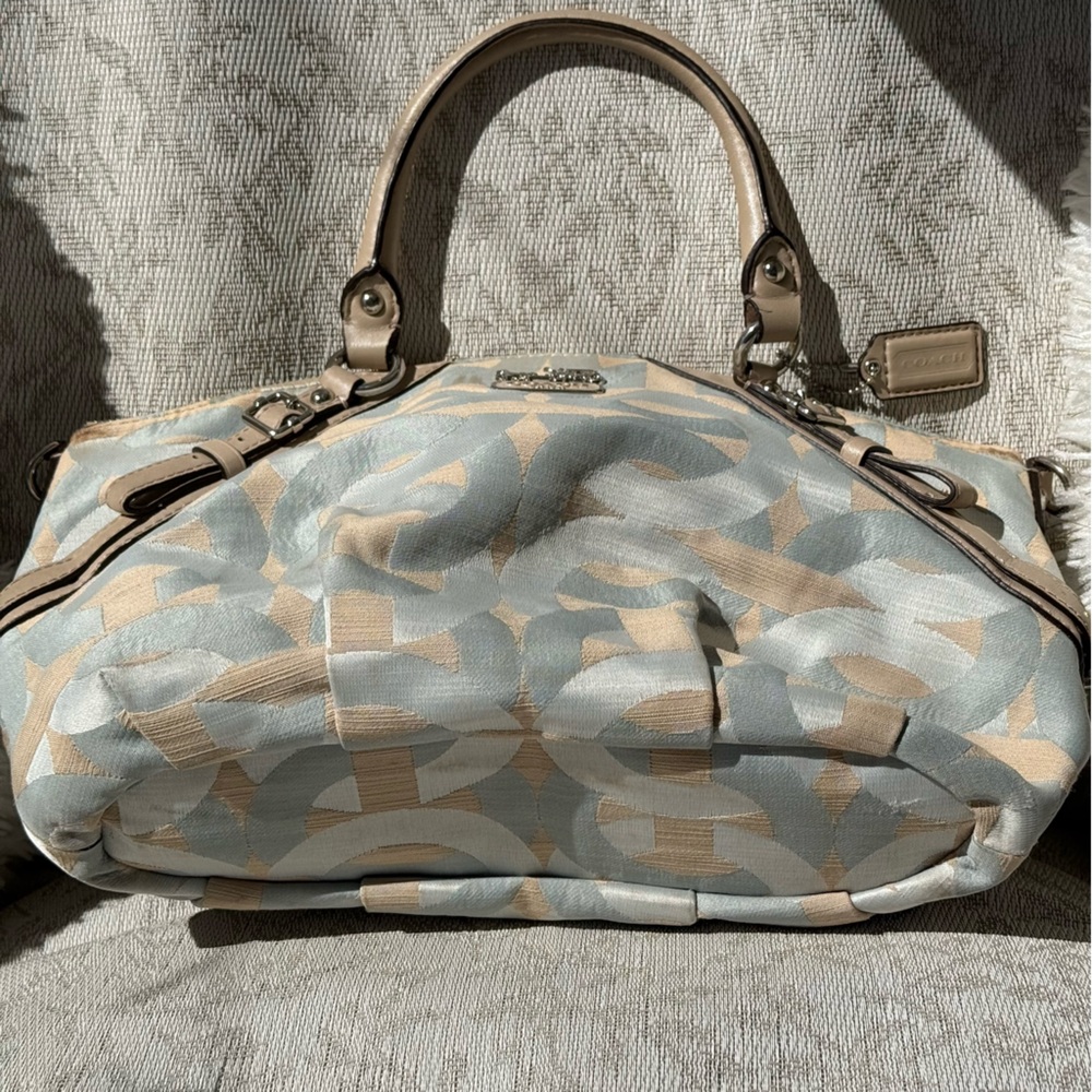 COACH Madison Shantung Chainlink Sophia Satchel Silver Bay Mist Leather Trim EUC - Picture 6 of 10
